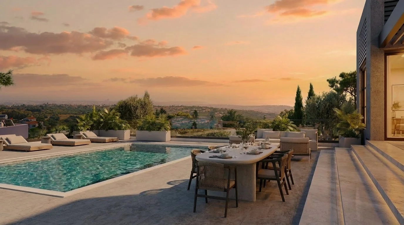 Luxury outdoor pool area at sunset with lounge chairs, a dining table set for a meal, and scenic view of hills and trees.