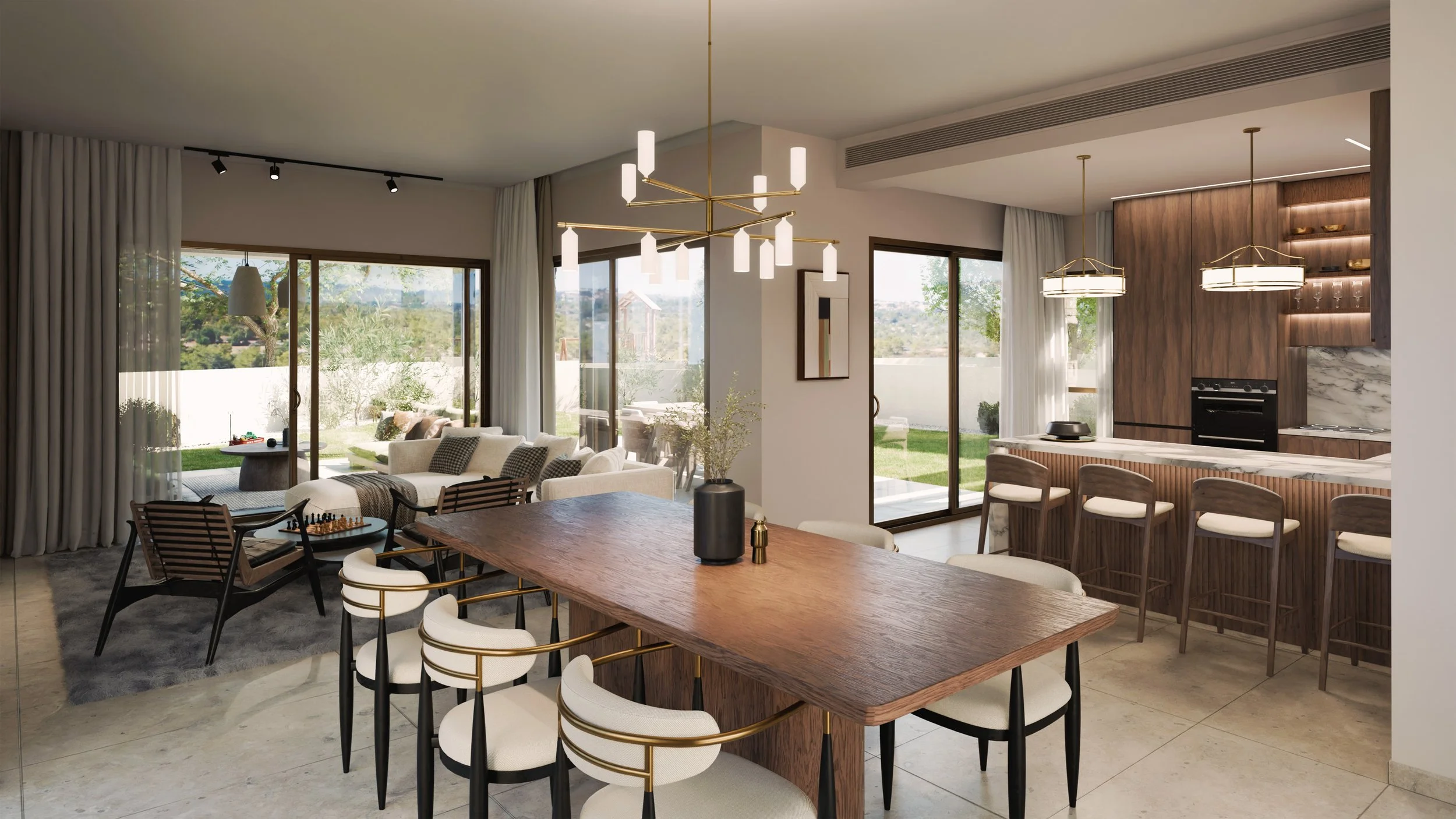 Modern open-concept living and dining area with large windows, a wooden dining table, white chairs, a kitchen with bar stools, and a view of an outdoor patio and backyard.