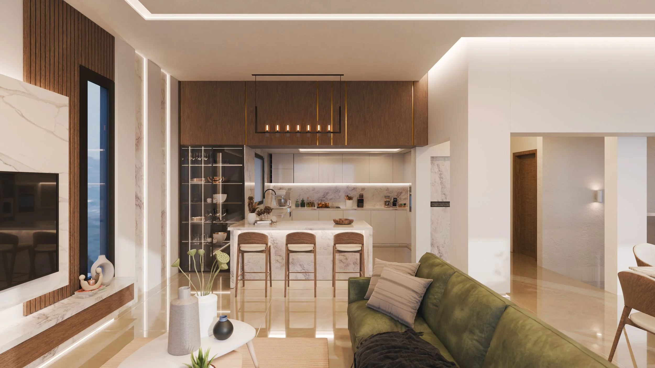 Modern open-concept living room and kitchen with marble accents and wooden cabinetry