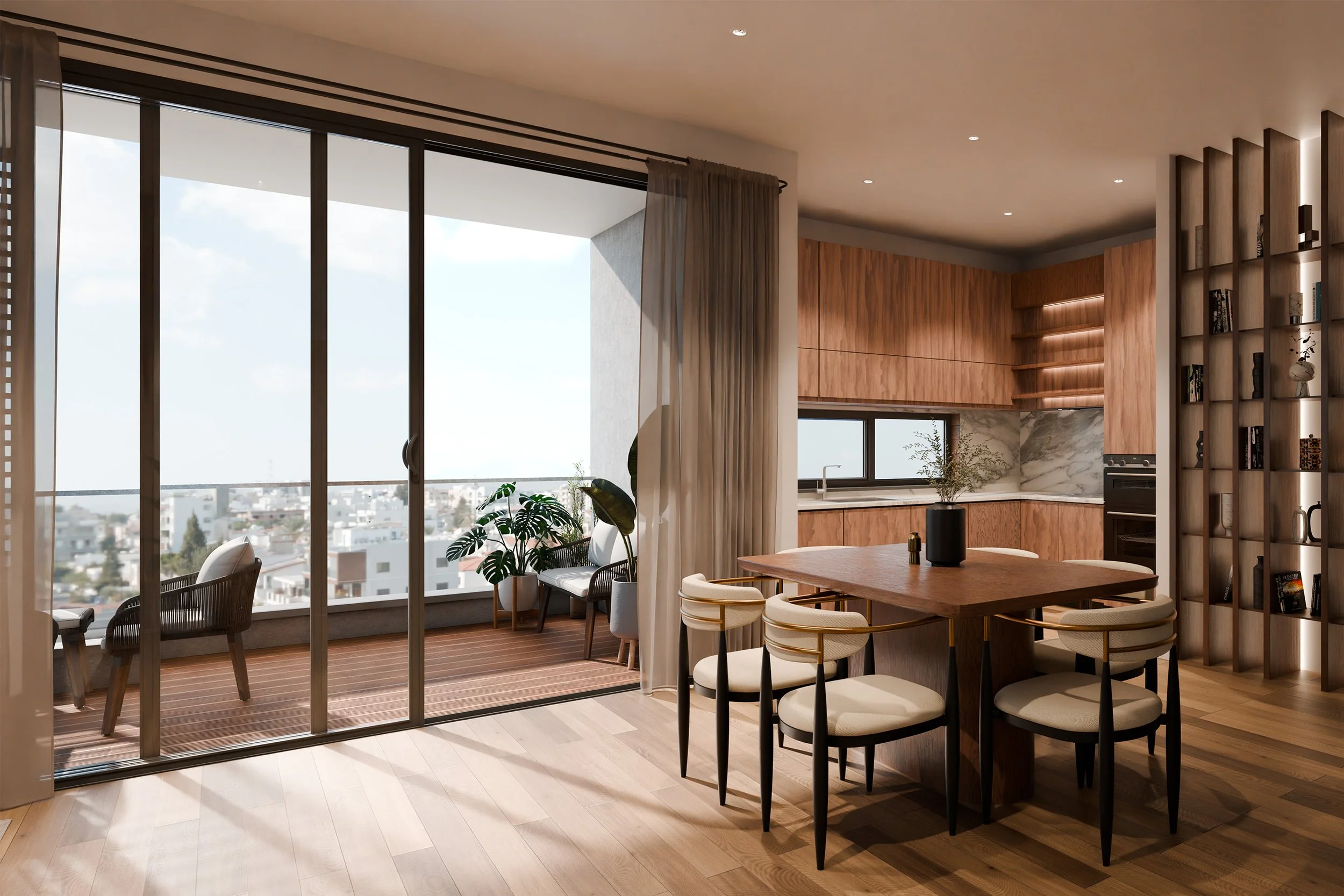 Modern kitchen and dining area with large balcony, wooden furniture, and city view