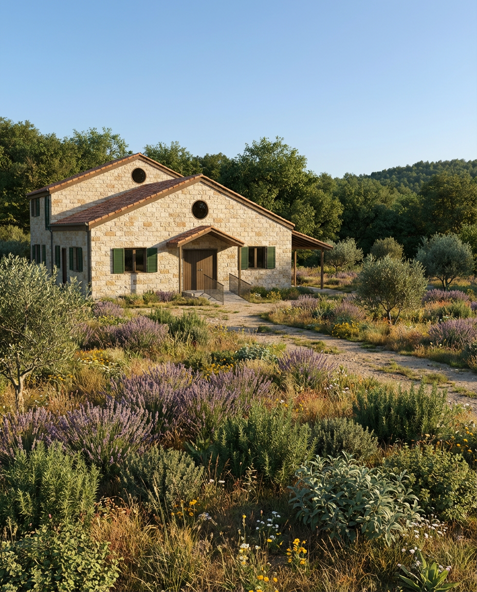 A stone house with a sloped tile roof, surrounded by wildflowers and small trees, under a clear blue sky.