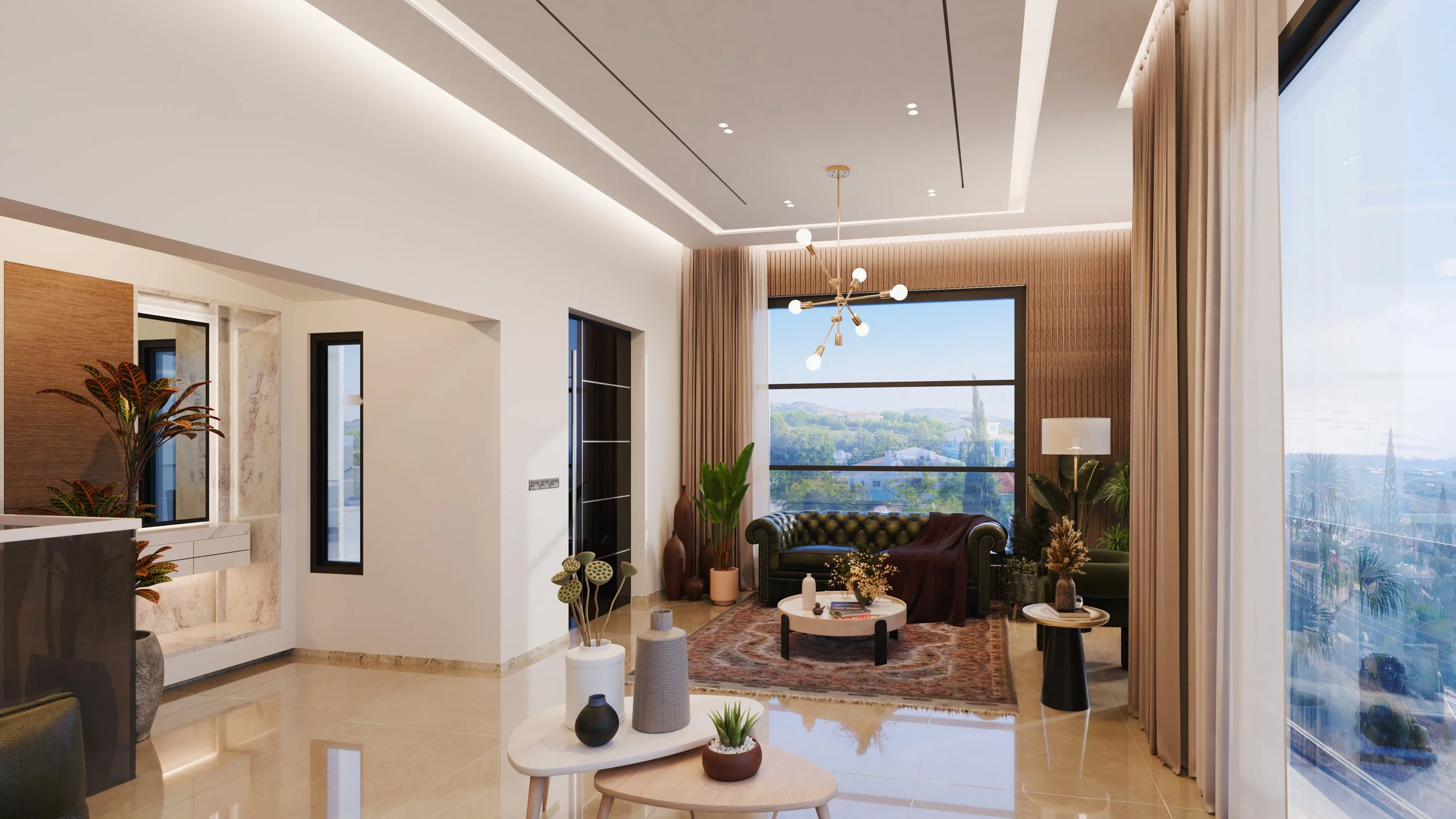 Contemporary living room with large windows, green sofa, coffee table, potted plants, wooden furniture, and modern chandelier in a bright, spacious setting.