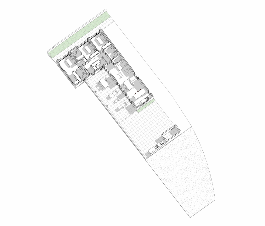 A 3D floor plan of a modern house with multiple bedrooms, bathrooms, living areas, an outdoor patio, and a driveway with two cars.