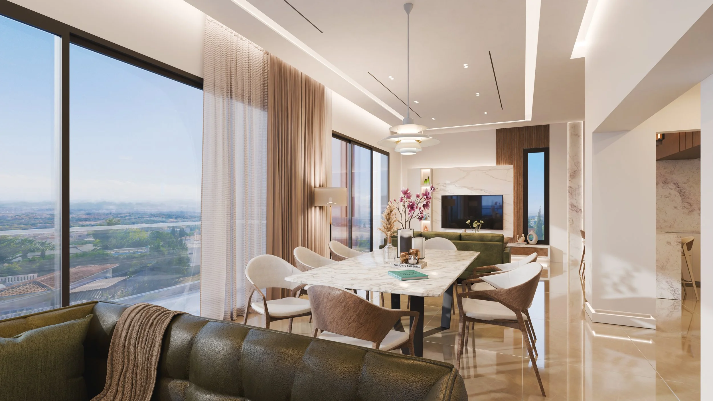 Modern living and dining room with large windows, beige curtains, marble dining table, white and brown chairs, a green sofa, wall-mounted TV, decorative plants, and contemporary lighting.