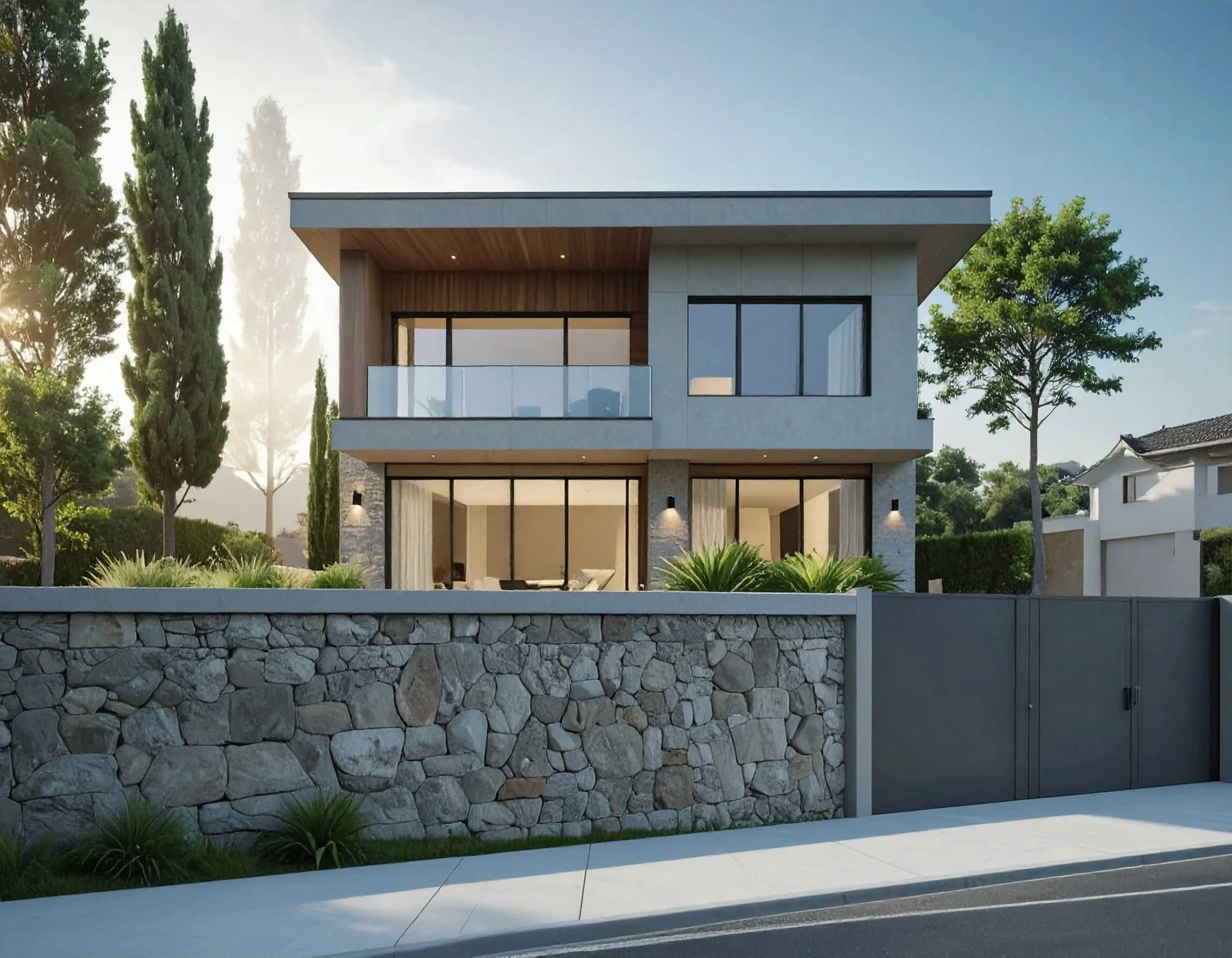 Modern two-story house with stone and concrete exterior, large glass windows, and a balcony, surrounded by trees and a stone wall with a metal gate.