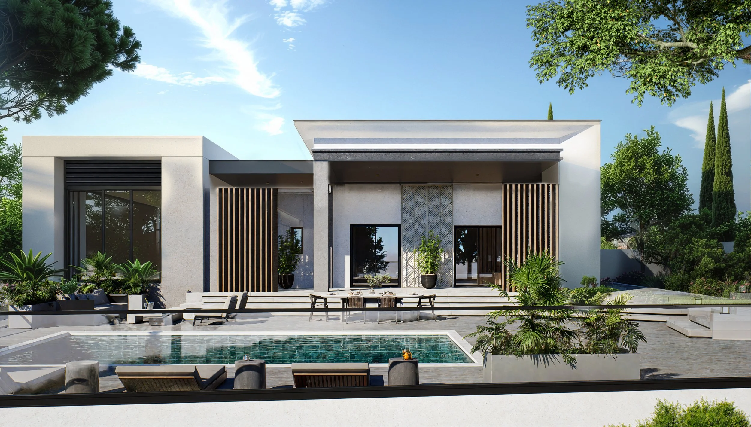 Modern house with a swimming pool, outdoor seating, and lush greenery in a sunny setting.