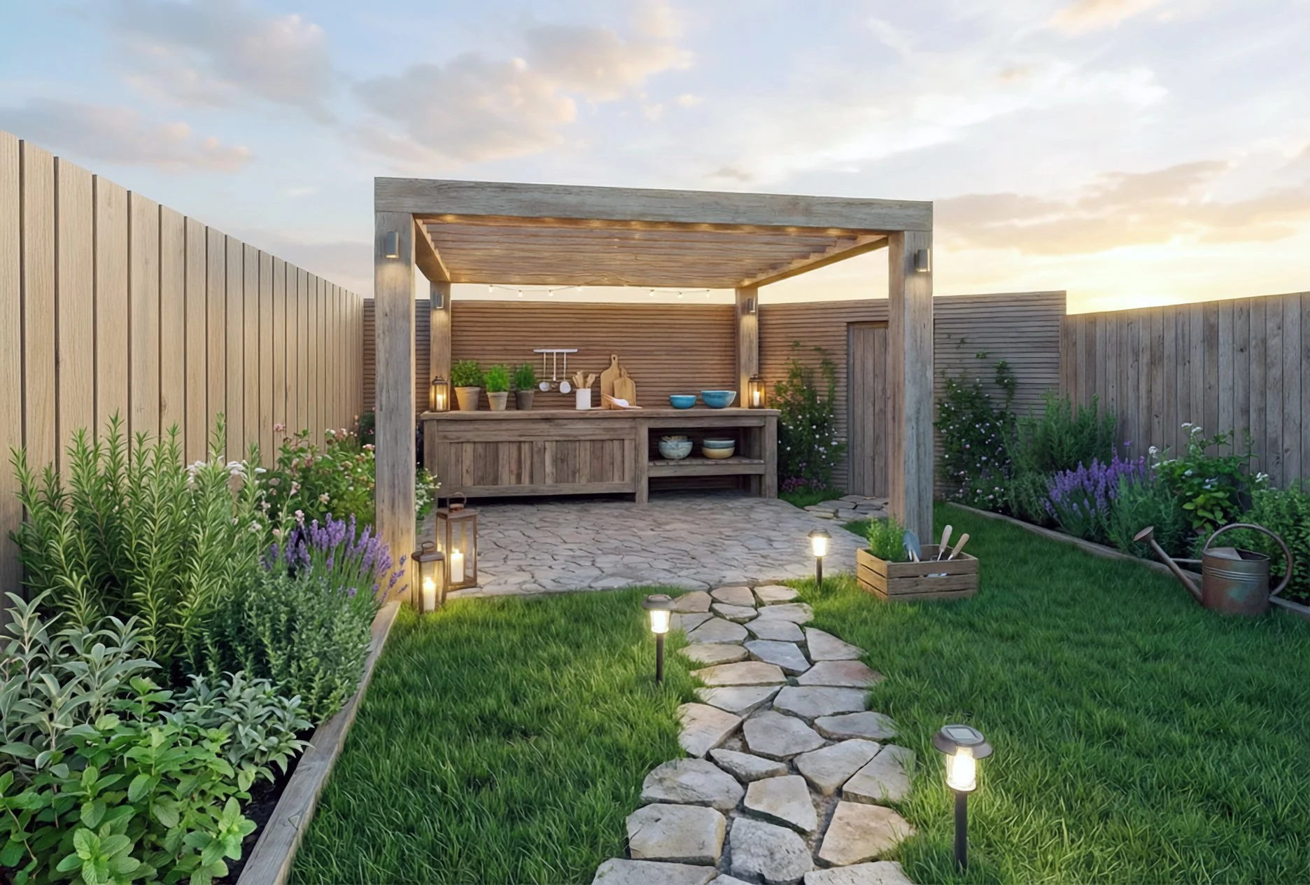 A backyard garden with a stone path leading to a wooden outdoor kitchen or bar area, surrounded by flowers and greenery, illuminated by outdoor lanterns and low pathway lights at sunset.