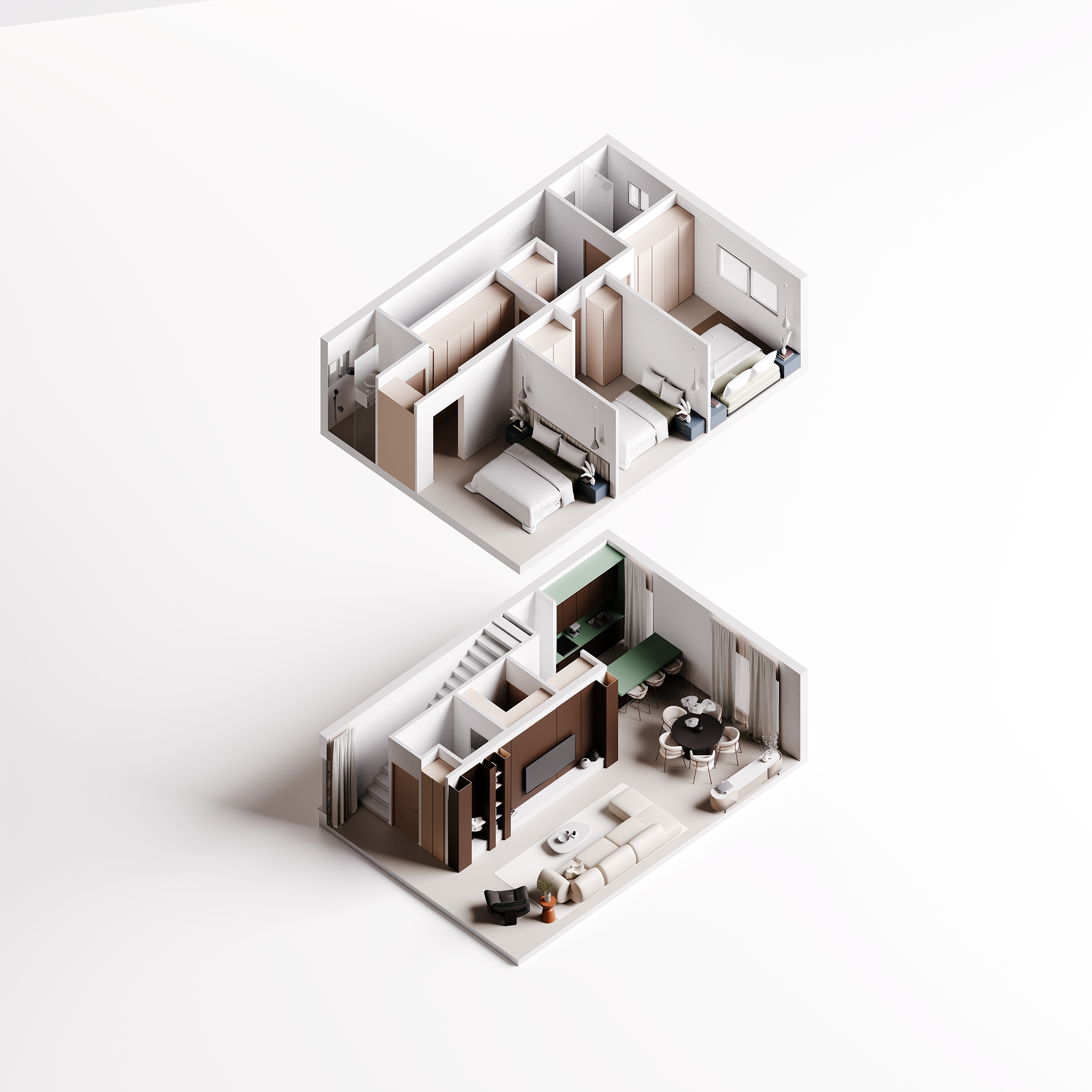 Two-story modern apartment layout with a living room and dining area on the first floor, and three bedrooms and a bathroom on the second floor.