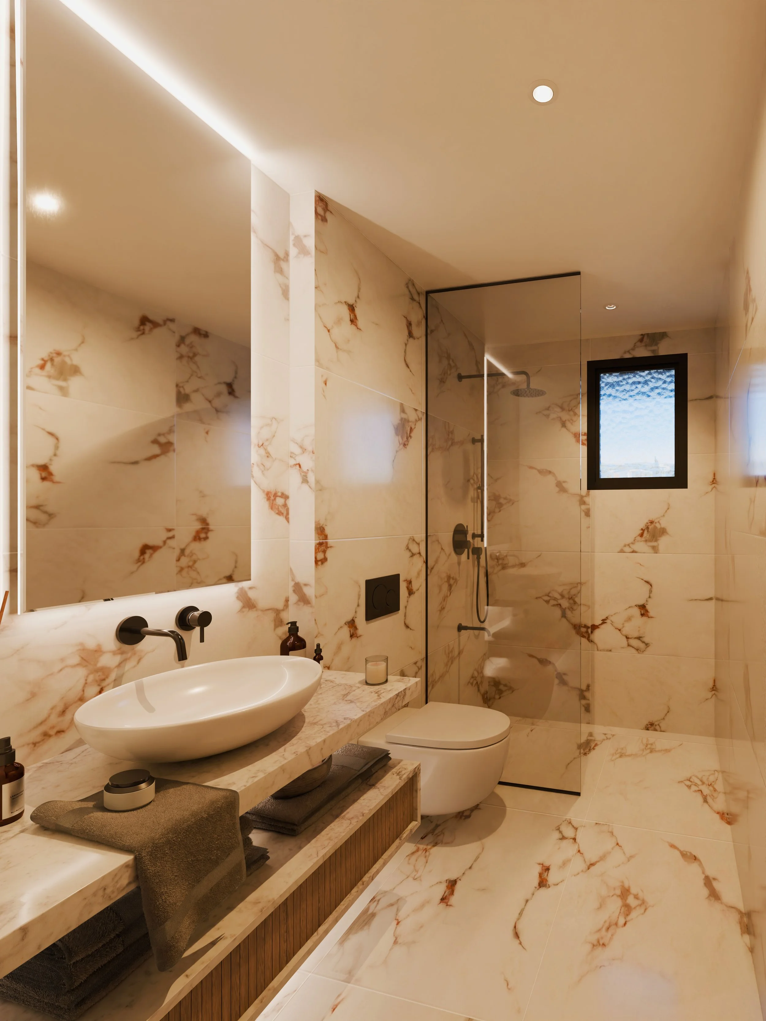 Modern bathroom with marble walls and flooring, a floating vanity with a vessel sink, black fixtures, a toilet, and a walk-in shower with a glass partition and small window.