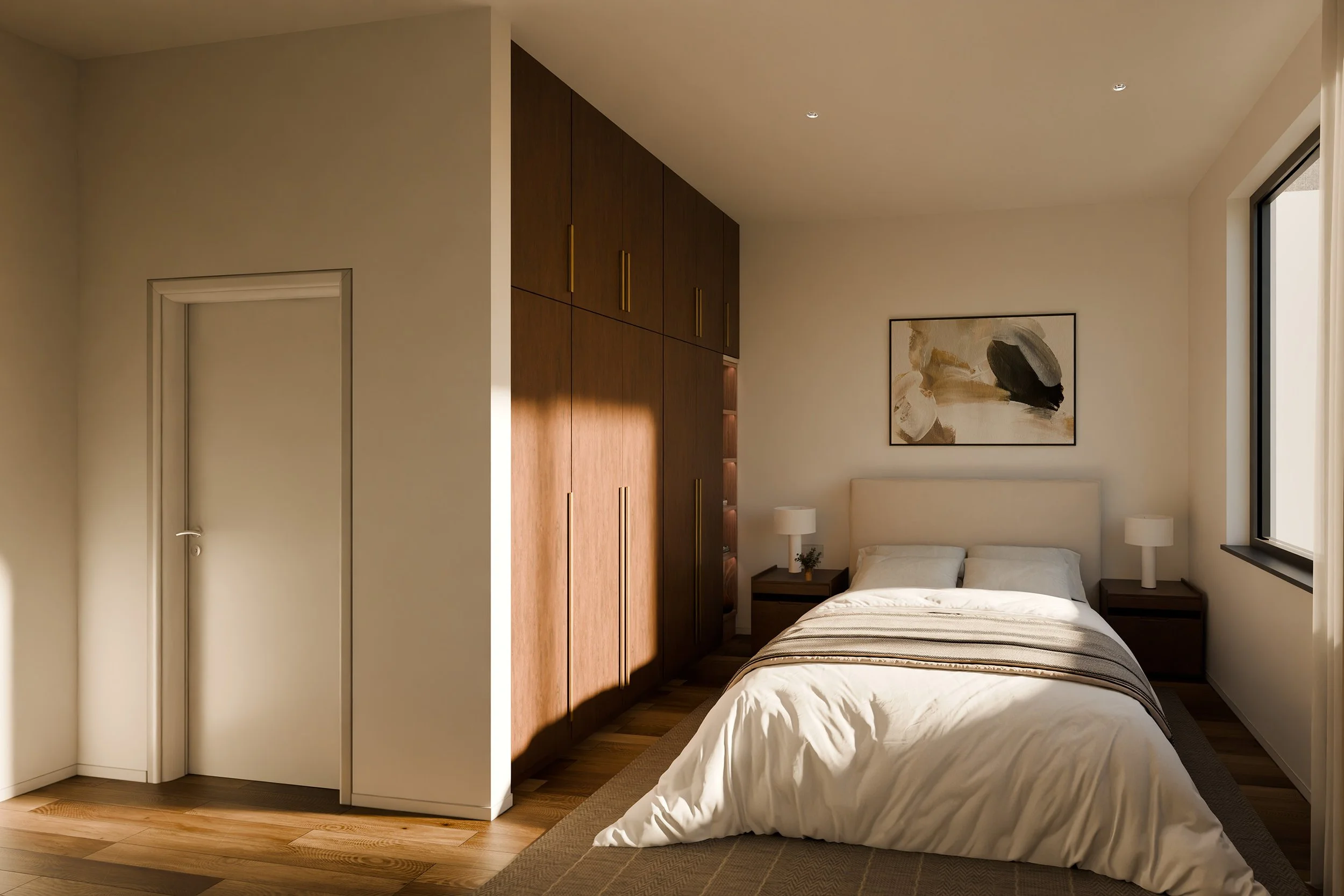 A bedroom with a double bed, nightstands with lamps, a wooden wardrobe, a painting above the bed, and a window on the right side.