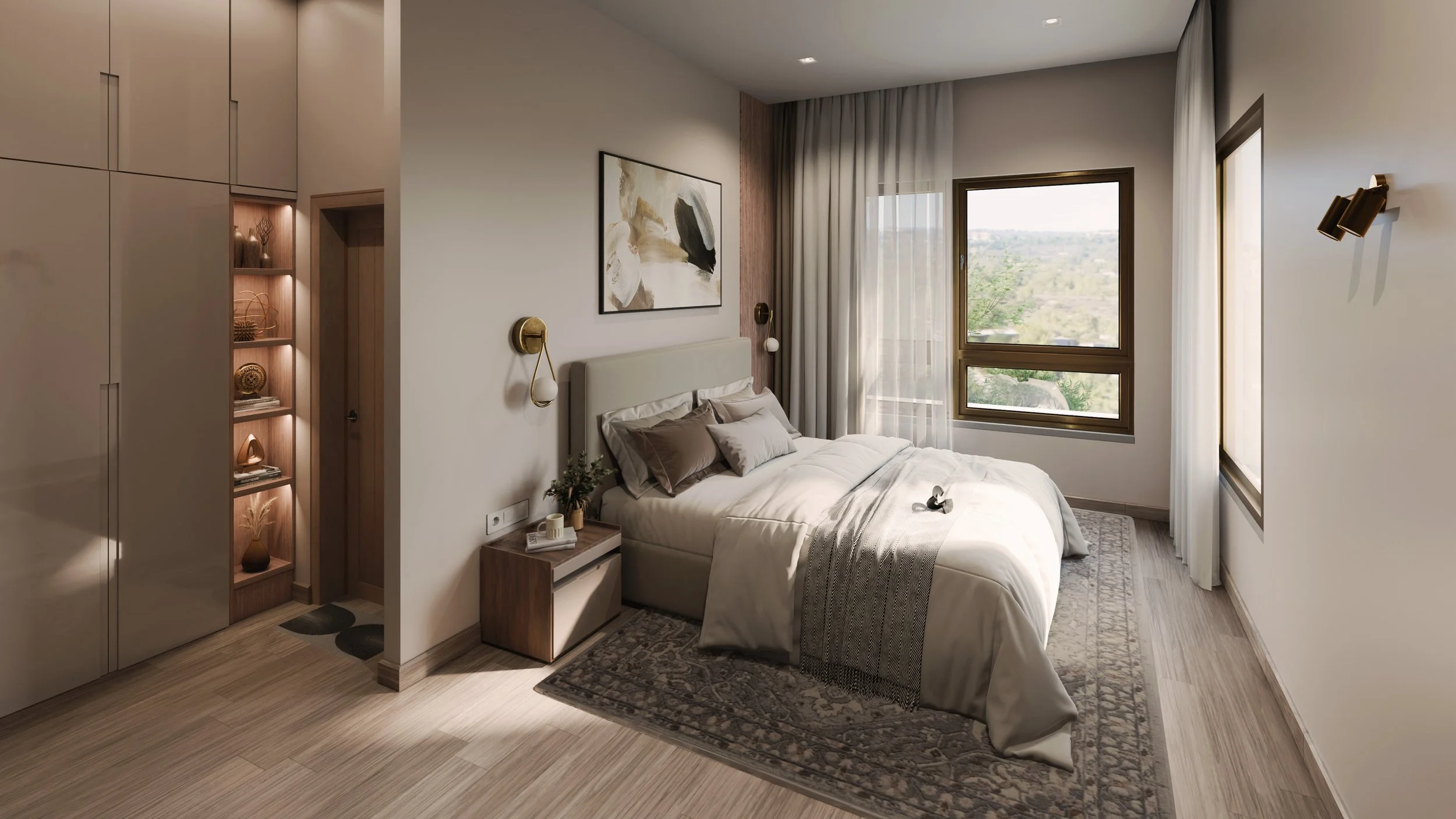 Modern bedroom with a neatly made bed, artwork above the bed, nightstand with books and plant, large window with curtains, wooden floors, built-in shelves with decor, and soft lighting.