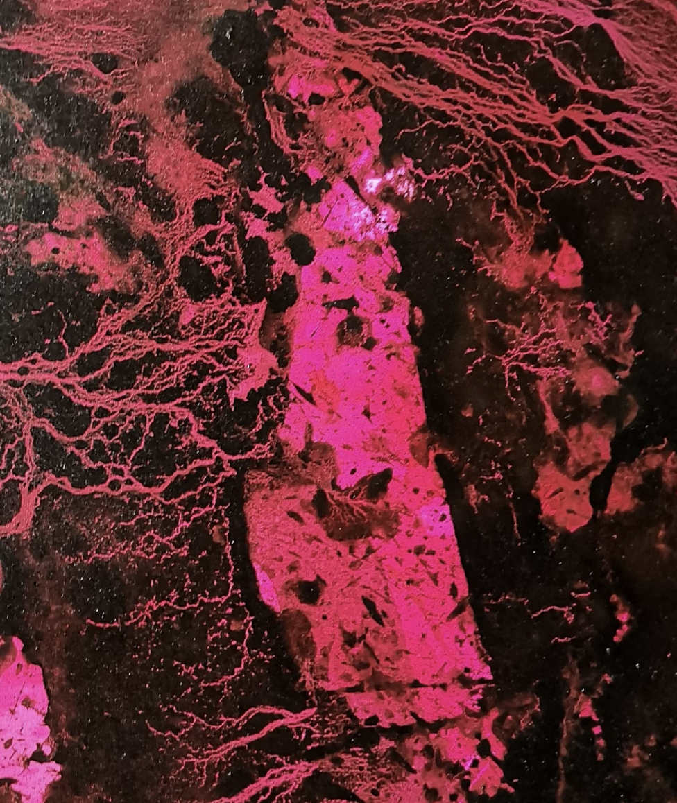 Immagine di un'esplorazione sotterranea con rovine di un'antica struttura in pietra evidenziata in rosa fluorescente.
