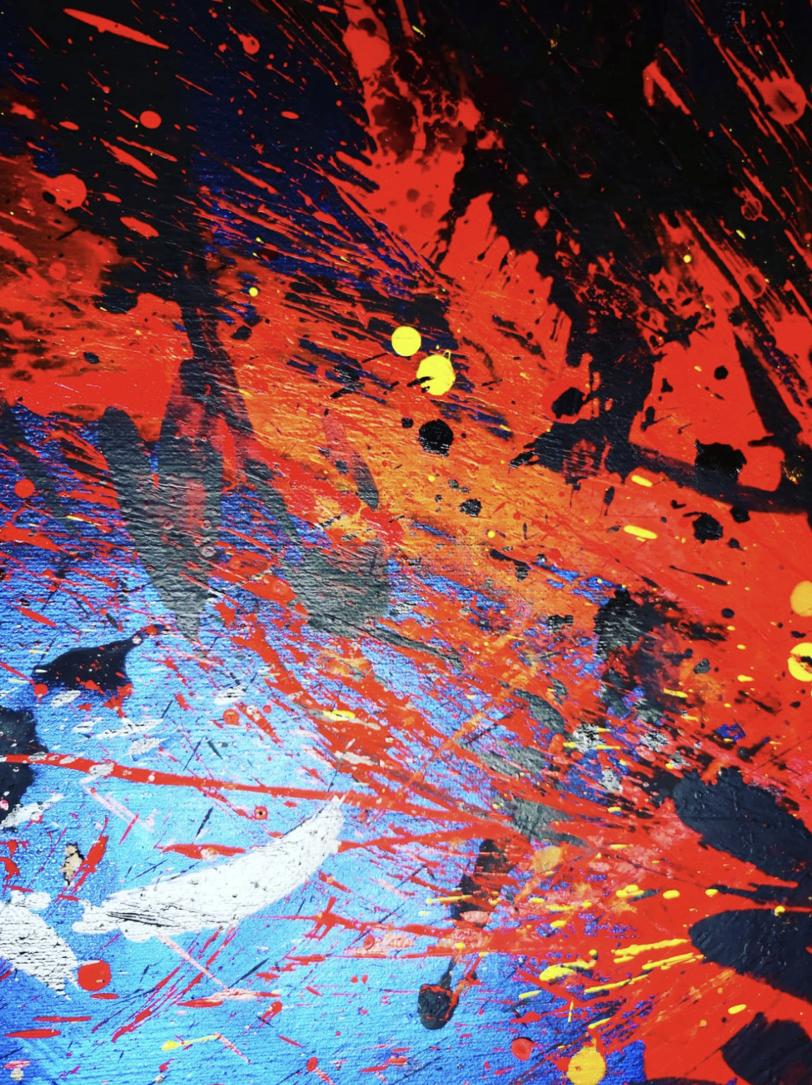 Dipinto astratto con spruzzi di vernice rossa, nera, gialla e blu.