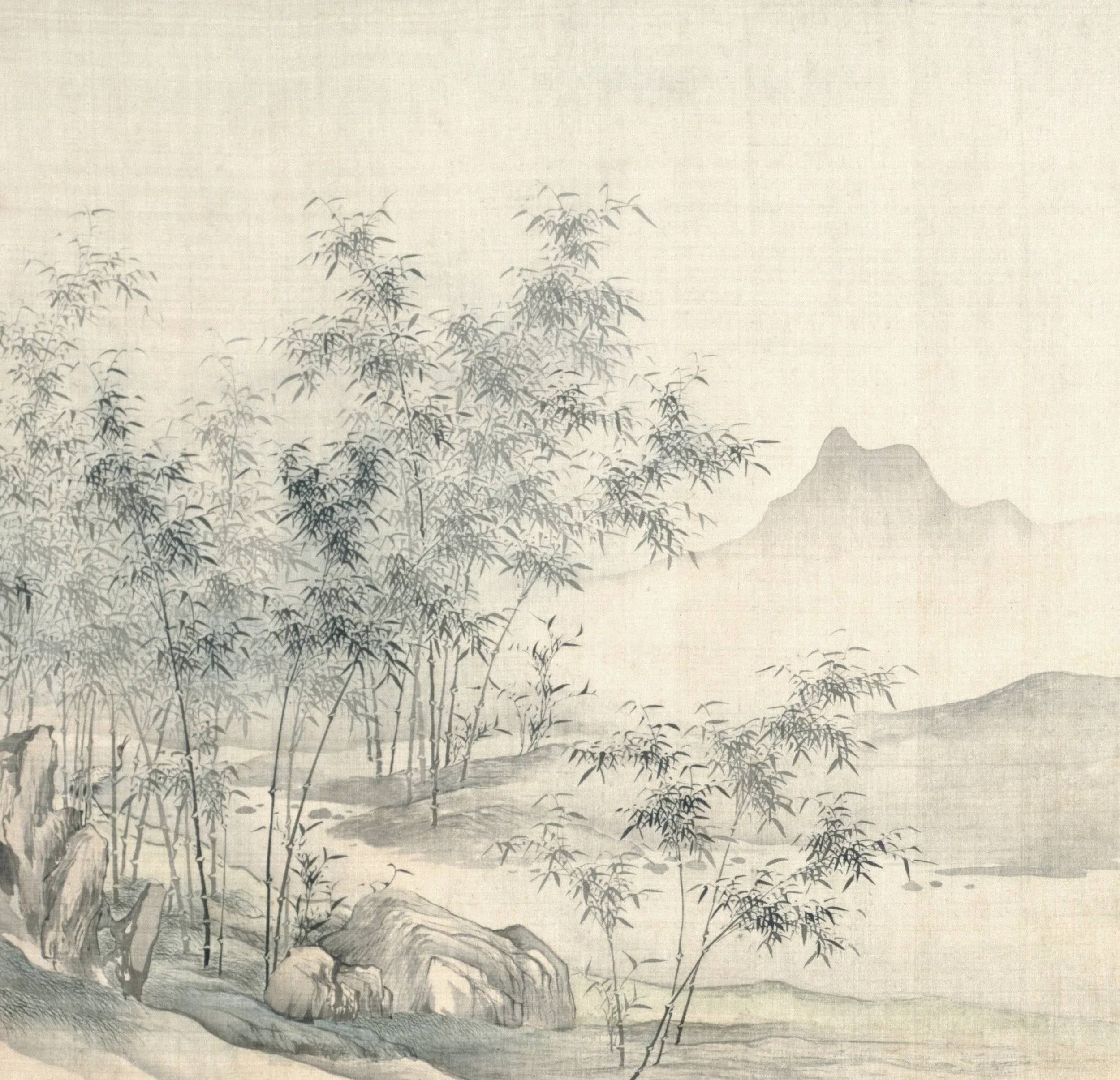 Traditional Asian landscape painting featuring bamboo trees, rocks, mountains, and a river in muted grayscale tones.