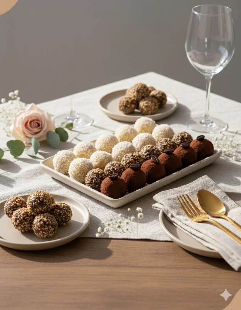 Refined dessert table with Brazilian brigadeiros, styled for intimate celebrations and elegant gatherings.