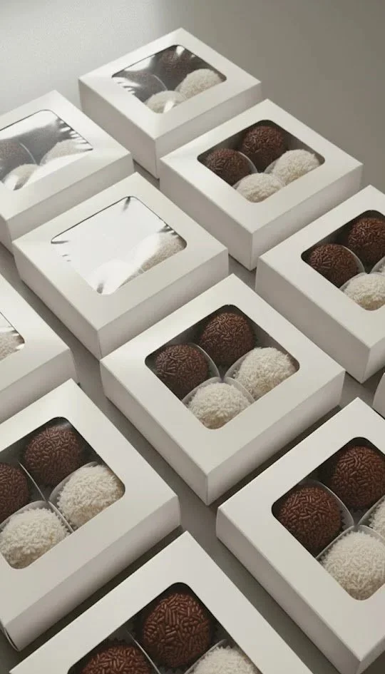Assorted Brazilian brigadeiro gift boxes with premium flavours, designed for corporate gifting and large events.