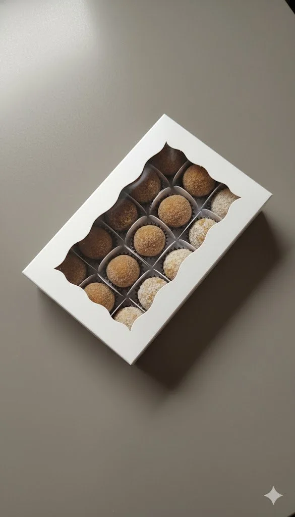 Brazilian brigadeiro gift box with four handcrafted flavours, displayed in minimalist white packaging.