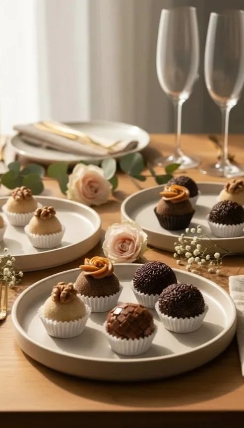 Elegant dessert table featuring handcrafted Brazilian brigadeiros, styled for weddings and intimate celebrations.