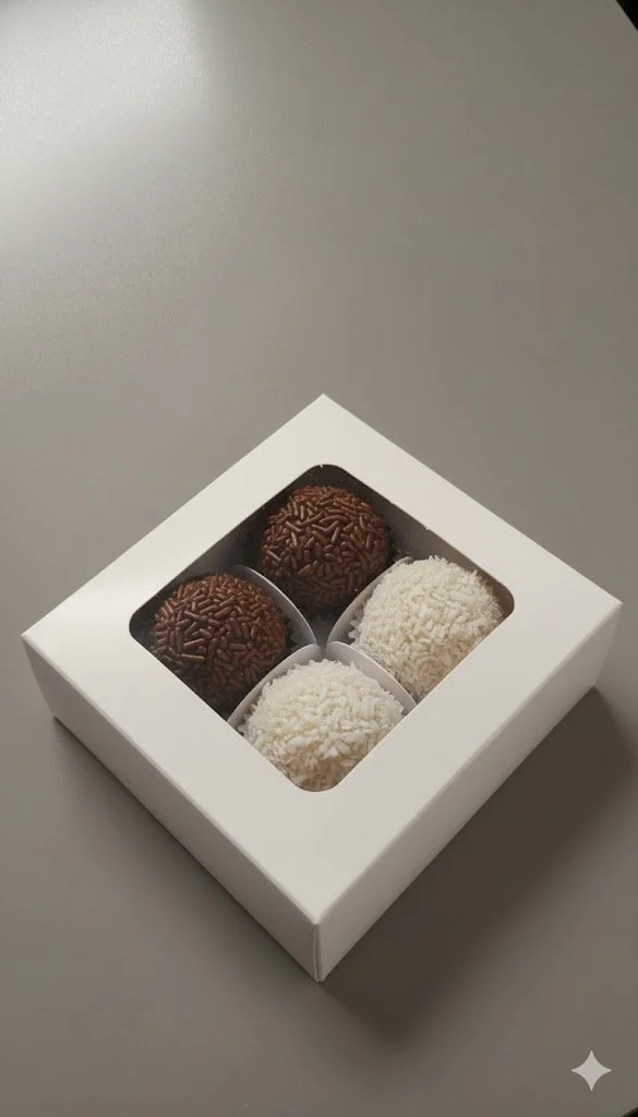 Brazilian brigadeiro gift box with four handcrafted flavours, presented in minimalist premium packaging.