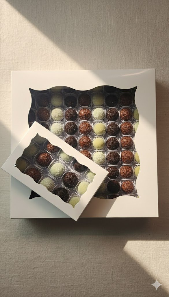Assorted handcrafted Brazilian brigadeiros presented in an elegant gift box by Brazilian Bite.