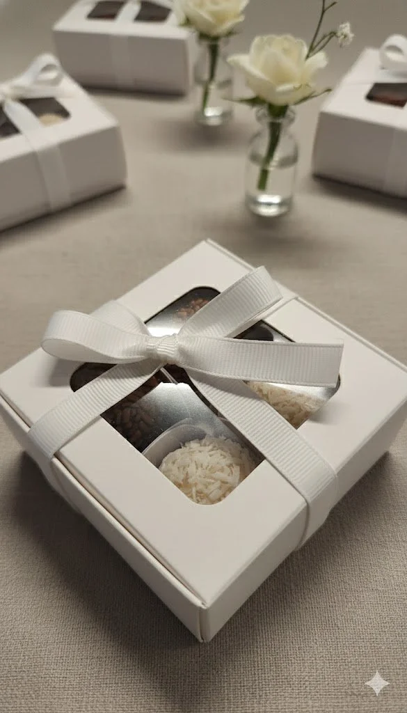 Premium Brazilian brigadeiro gift box with assorted flavours, elegantly packaged for weddings and special events.
