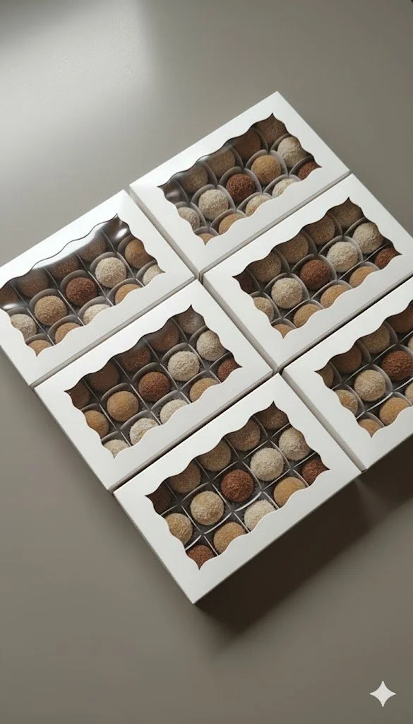 Curated Brazilian brigadeiro boxes showcasing a refined selection of flavours in elegant packaging.