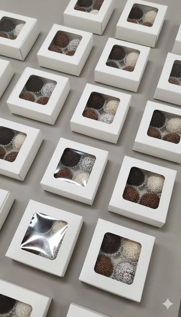 Multiple Brazilian brigadeiro gift boxes arranged for weddings, events, or corporate gifting.