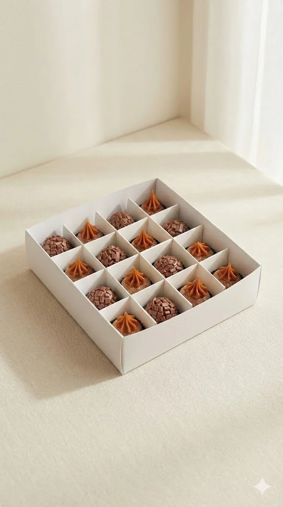 A white box with twelve compartments contains twelve chocolates, each topped with caramel and orange decorations, placed on a light-colored surface near a window.