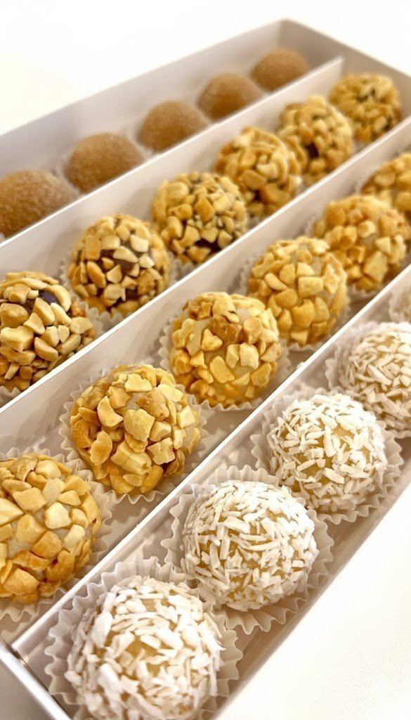 Assorted Brazilian brigadeiros with premium toppings, including nuts and coconut, arranged in an elegant box.