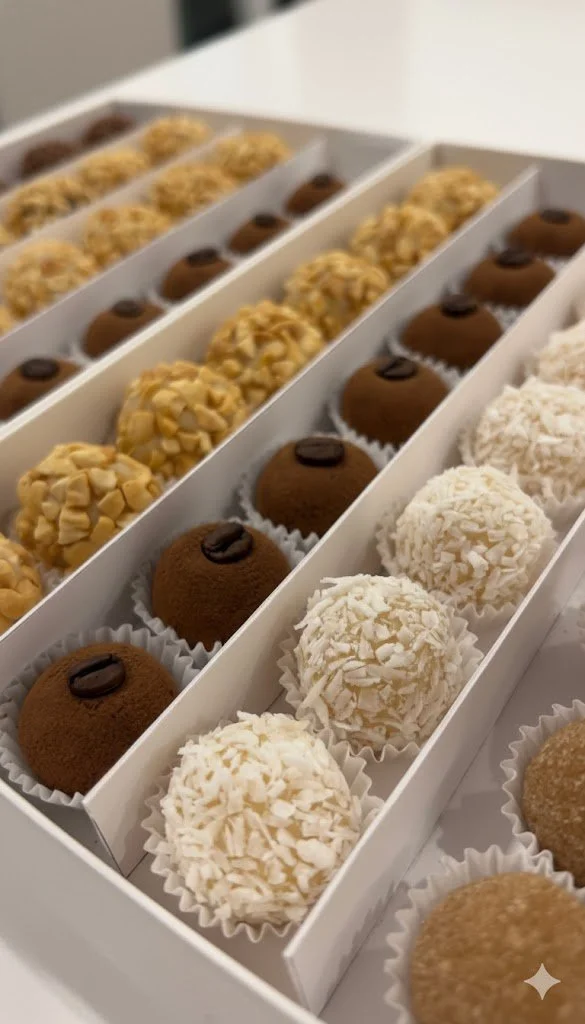 Assorted handcrafted Brazilian brigadeiros with classic and premium toppings, presented in an elegant gift box.