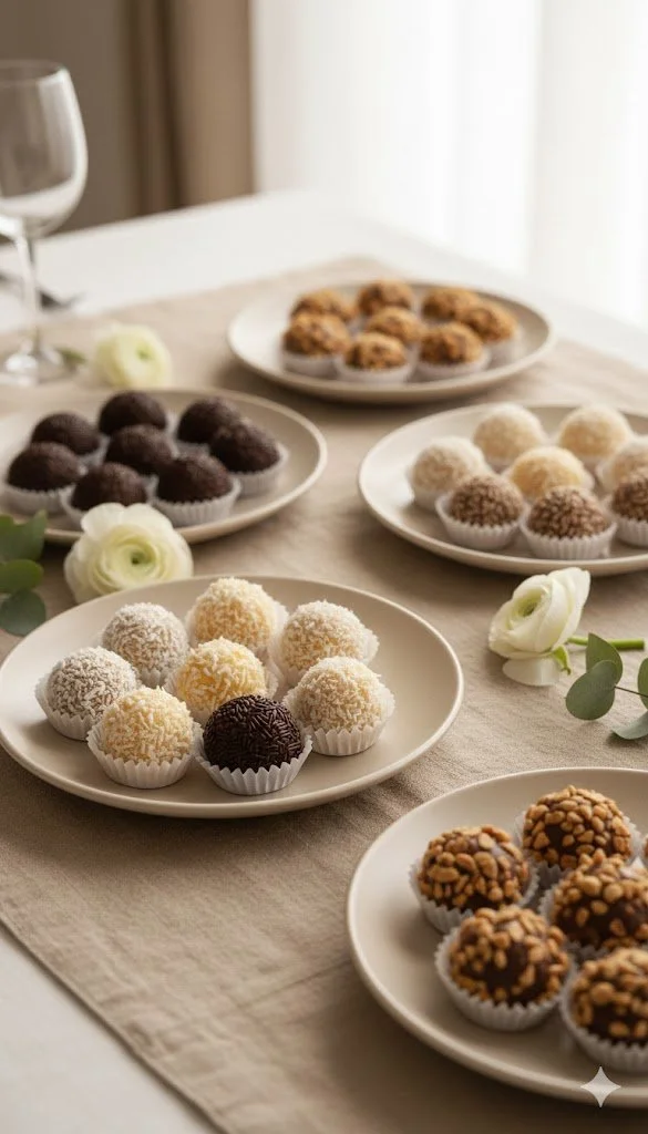 Elegant dessert table featuring Brazilian brigadeiros, styled for celebrations and special events.