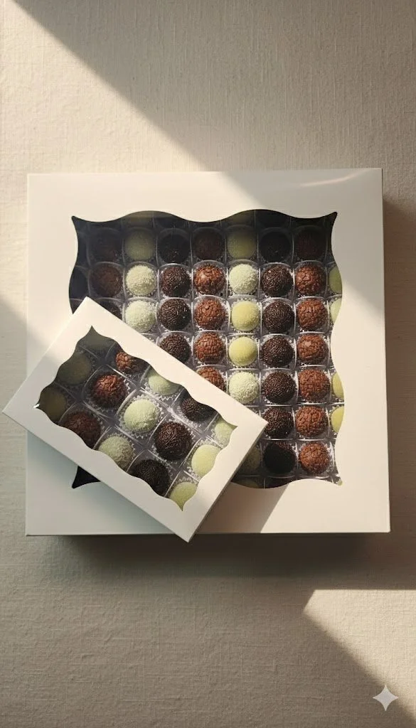 Assorted Brazilian brigadeiros presented in a signature gift box, styled with soft natural light.