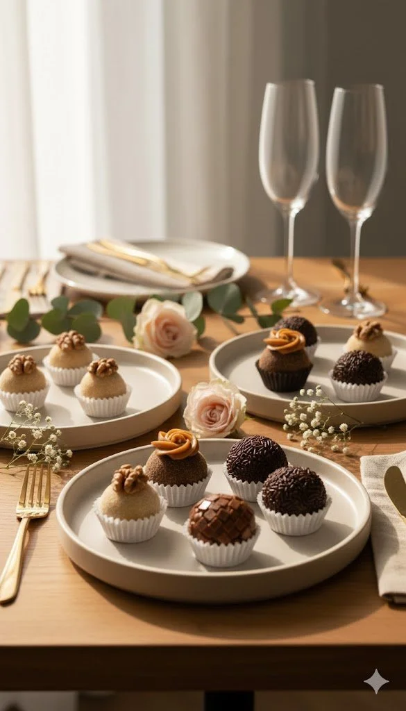 Brazilian brigadeiros presented on an elegant dessert table for celebrations, events, and special moments.