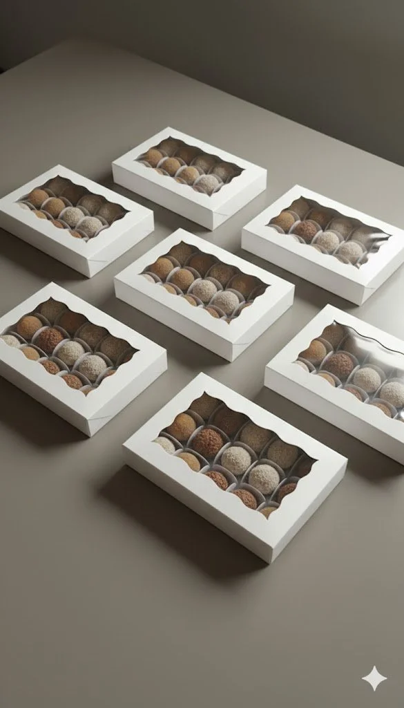 Six Brazilian brigadeiro gift boxes with clear lids, arranged for events and corporate gifting.