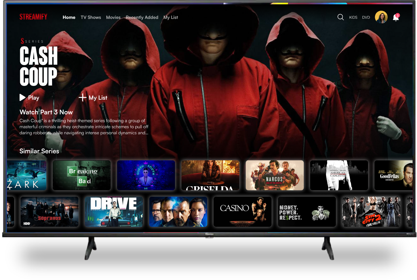 Streaming TV service homepage on a television screen displaying a series called 'Cash Coup' with masked individuals in red hooded jackets, and below, various other series and movies like 'ZARK,' 'Breaking Bad,' 'Queen of the South,' 'Narcos,' 'American Gangster,' 'Goodfellas,' 'Sopranos,' 'Drive,' 'Casino,' and others.