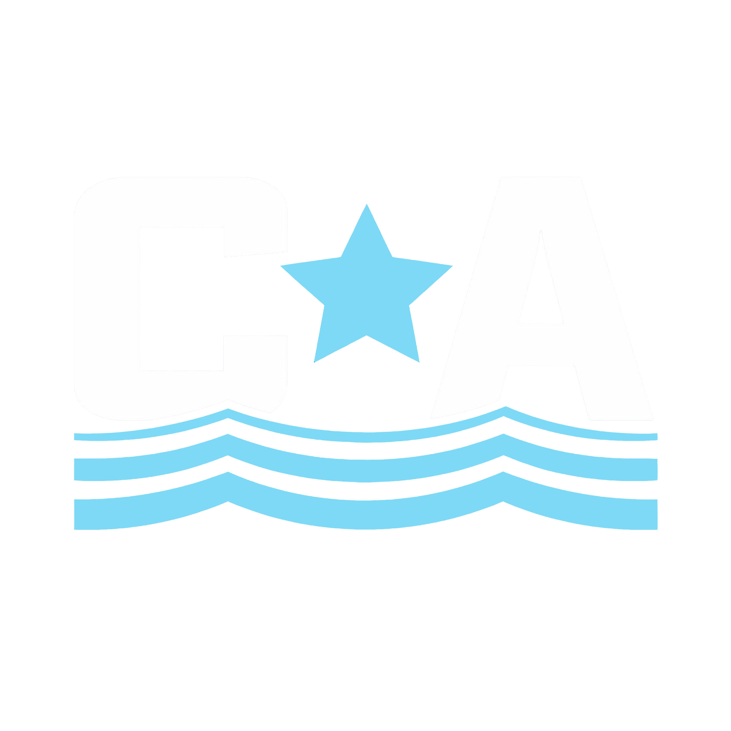 Graphic design with large white letters 'C' and 'A', a blue star in the center, and wavy blue lines below, all on a black background.