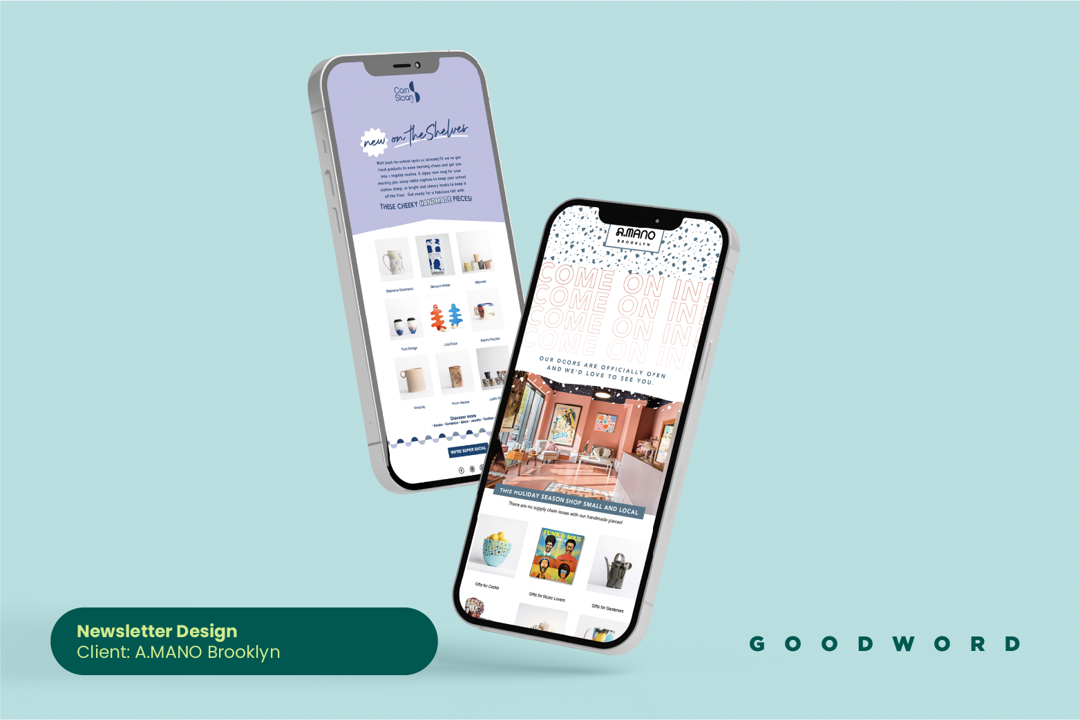 Two smartphones displaying newsletters for A.MANO Brooklyn, featuring home decor and gift shop items, against a light blue background.