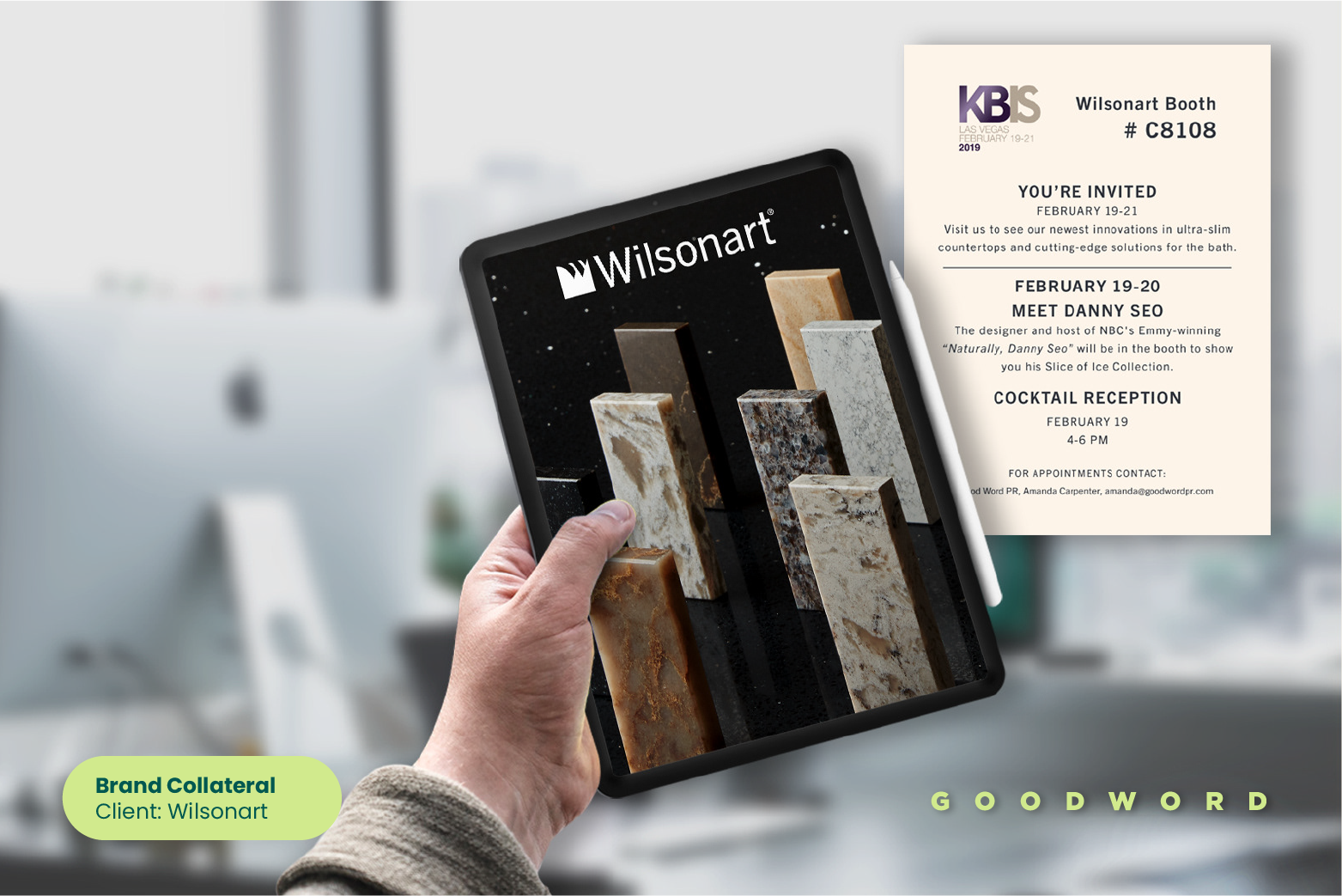 A person holding a tablet displaying an advertisement for Wilsonart, showcasing different types of countertops. In the background, a printed event invitation for Wilsonart at a trade show with details about a booth, meet-and-greet, and cocktail recep