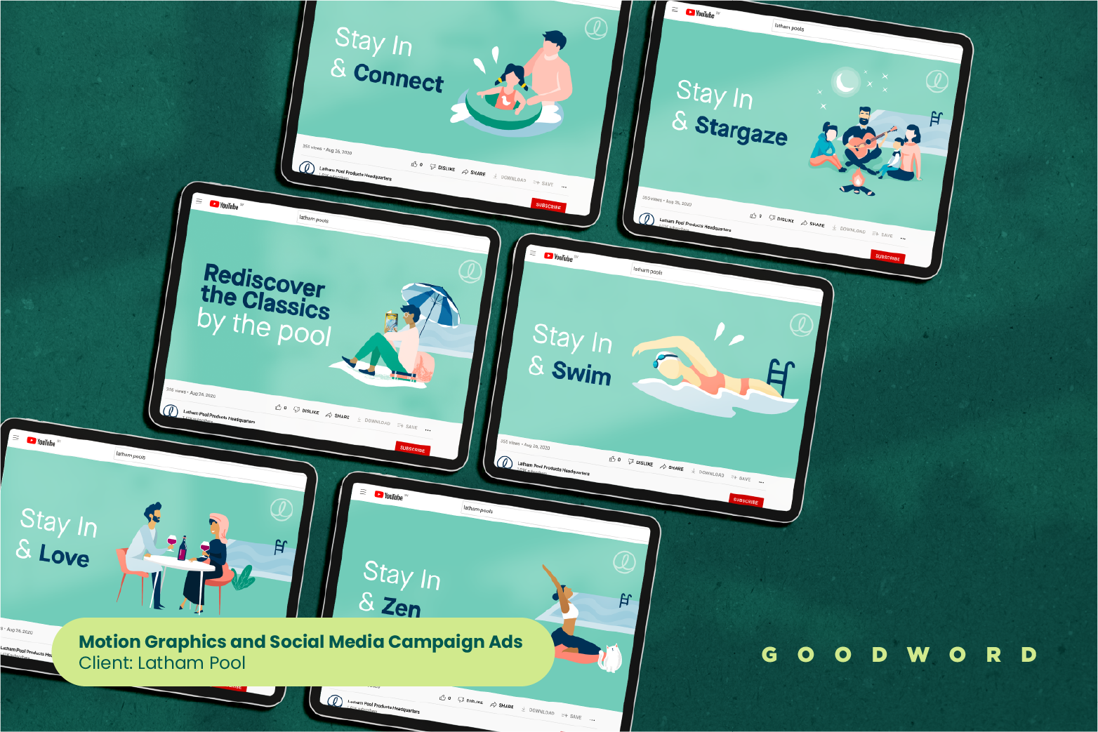 Six digital social media campaign ads displayed on mobile screens, each promoting different relaxation activities such as connecting, stargazing, swimming, relaxing, reading, and love, for a client named Latham Pool.
