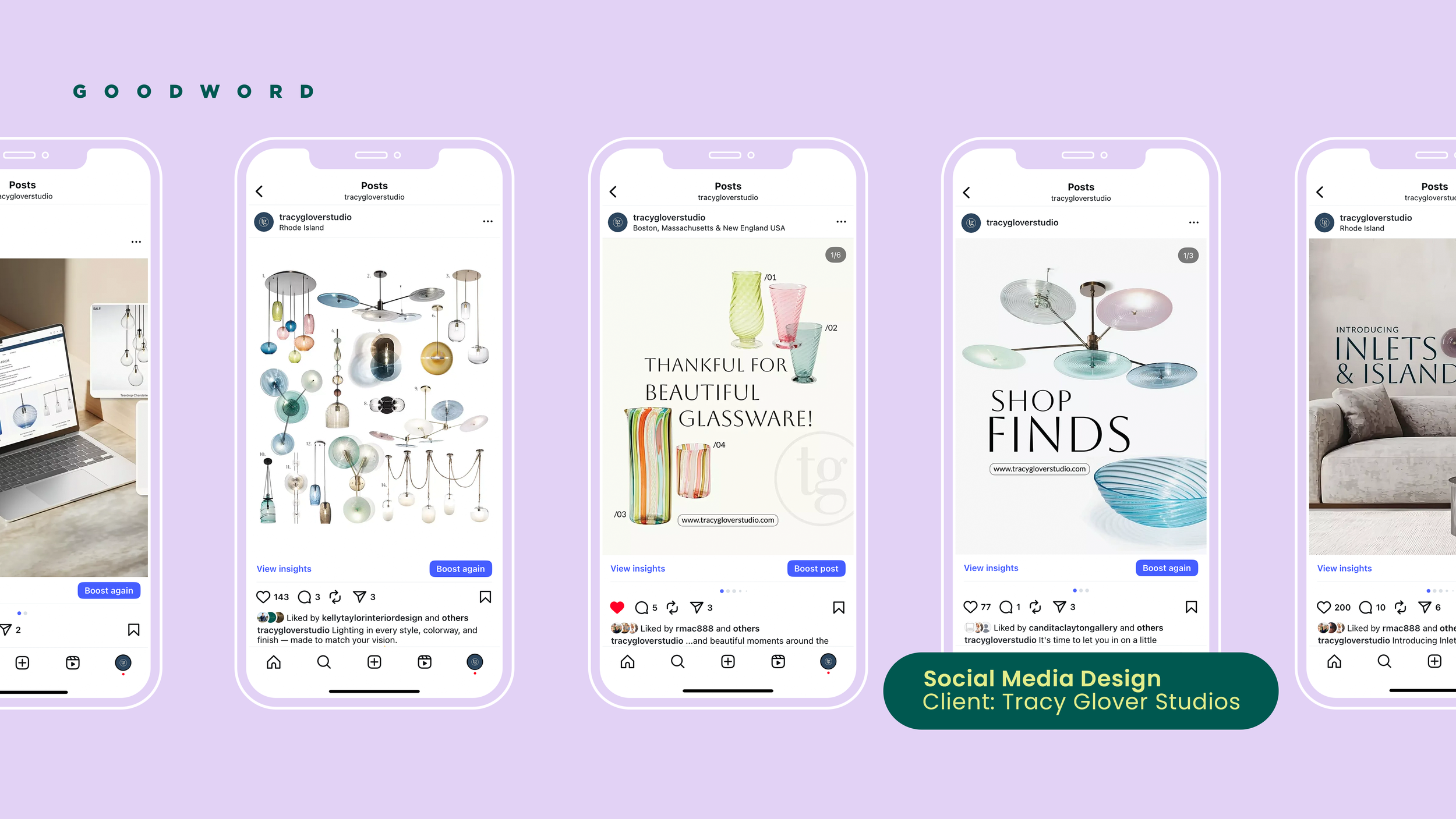 Social media design mockup showcasing a collection of colorful glassware and lighting fixtures from Tracy Glover Studio. The screens display various posts featuring glass vases, chandeliers, and decorative objects, with captions promoting their produ