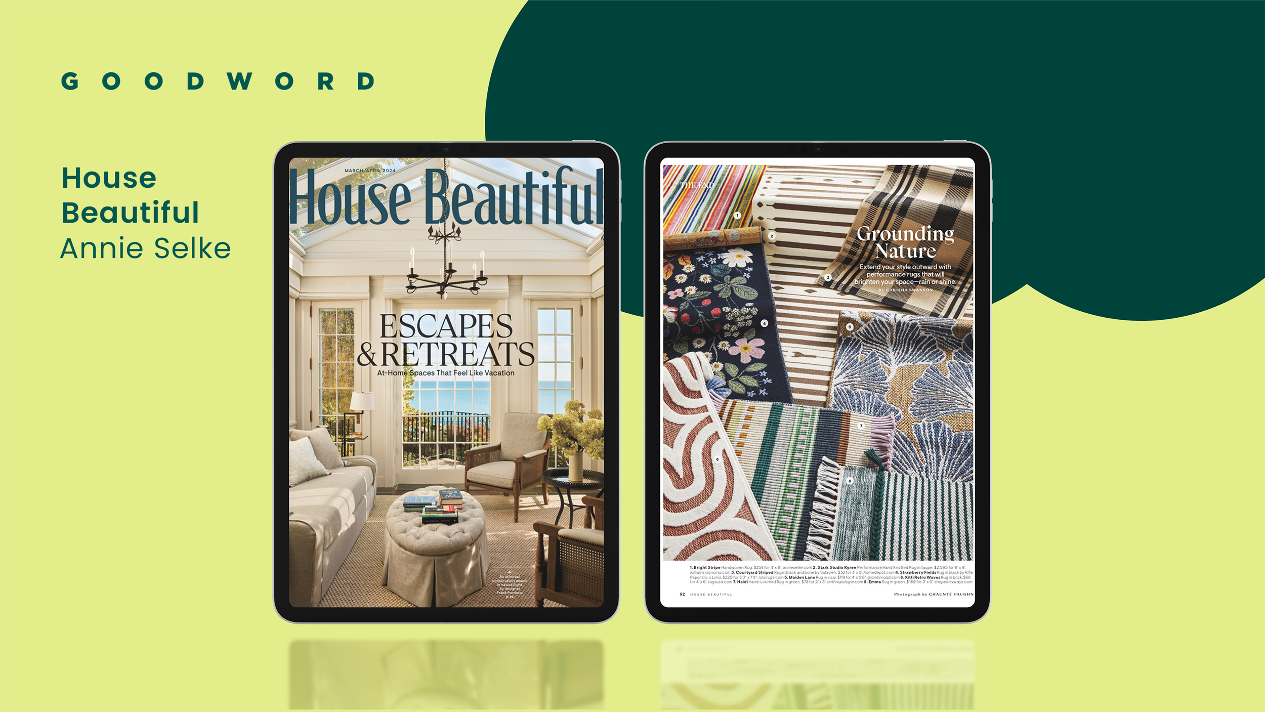 Cover of House Beautiful magazine featuring a bright, cozy living room with large windows, a chandelier, and comfy seating. Next to it is an open magazine page displaying colorful rugs and textiles, emphasizing home decor ideas.