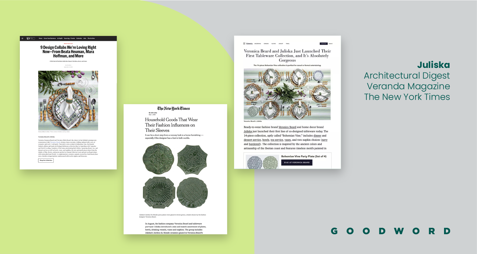 Three magazine pages displaying articles about tabletop and household decor, with images of tableware and decorative plates, on a split-colored background with text indicating sources and good word.