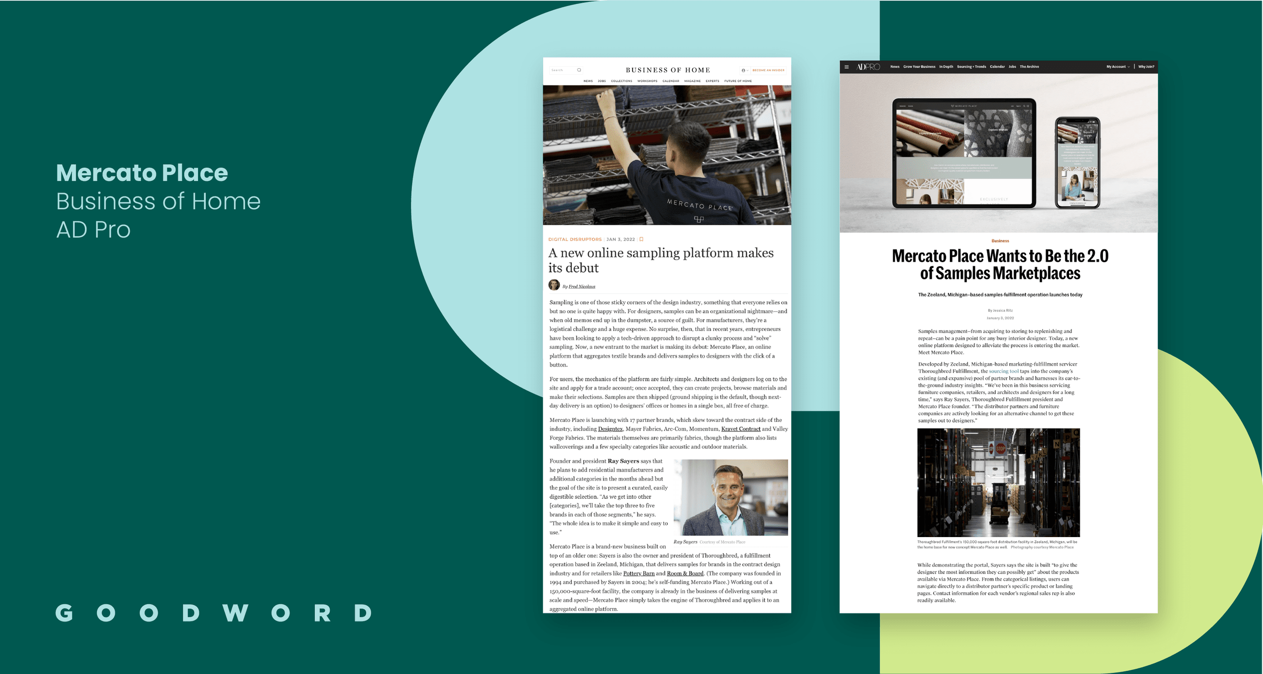 Collection of digital articles and website pages about Mercato Place, a business involved in home goods and sampling marketplaces, displayed on screens.