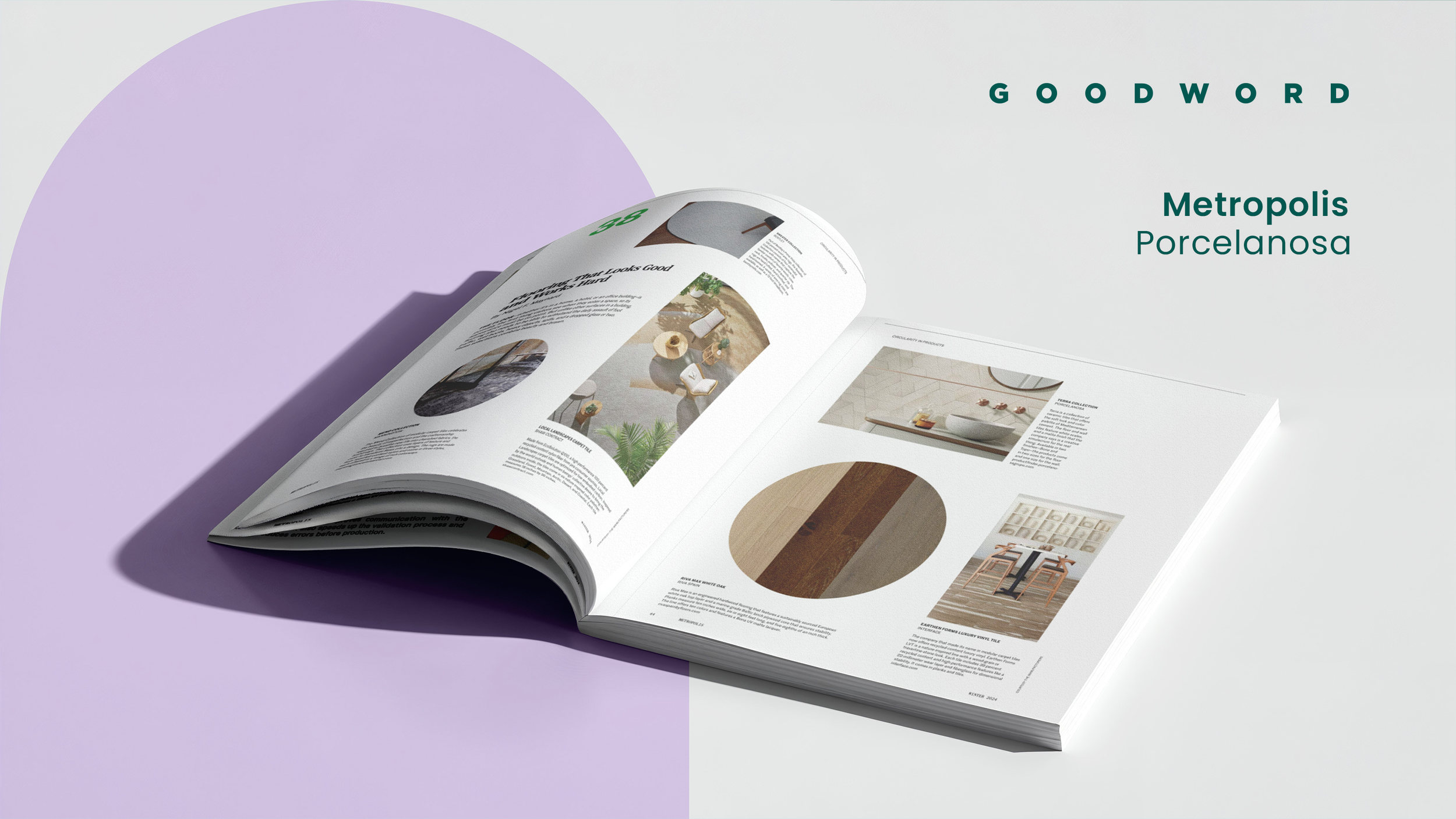 Open magazine displaying interior design and furniture images, resting on a surface with a half purple, half white background, with text reading 'GOODWORD' and 'Metropolis Porcelanosa' in the upper right corner.