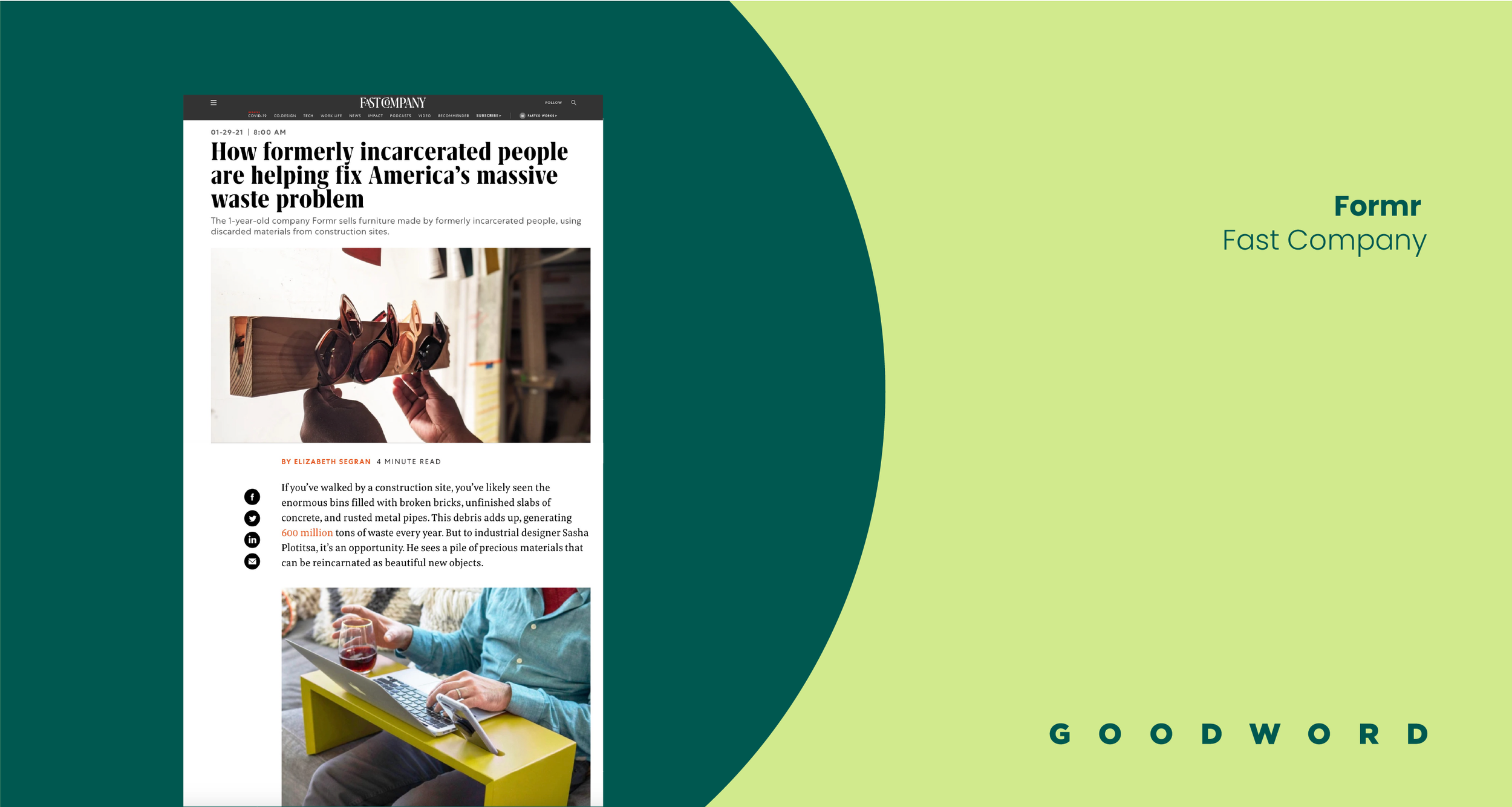 A promotional design featuring a screenshot of a news article about formerly incarcerated people helping with waste issues, alongside branding elements for a company called Formr by Fast Company, including green and dark teal color blocks, and the wo