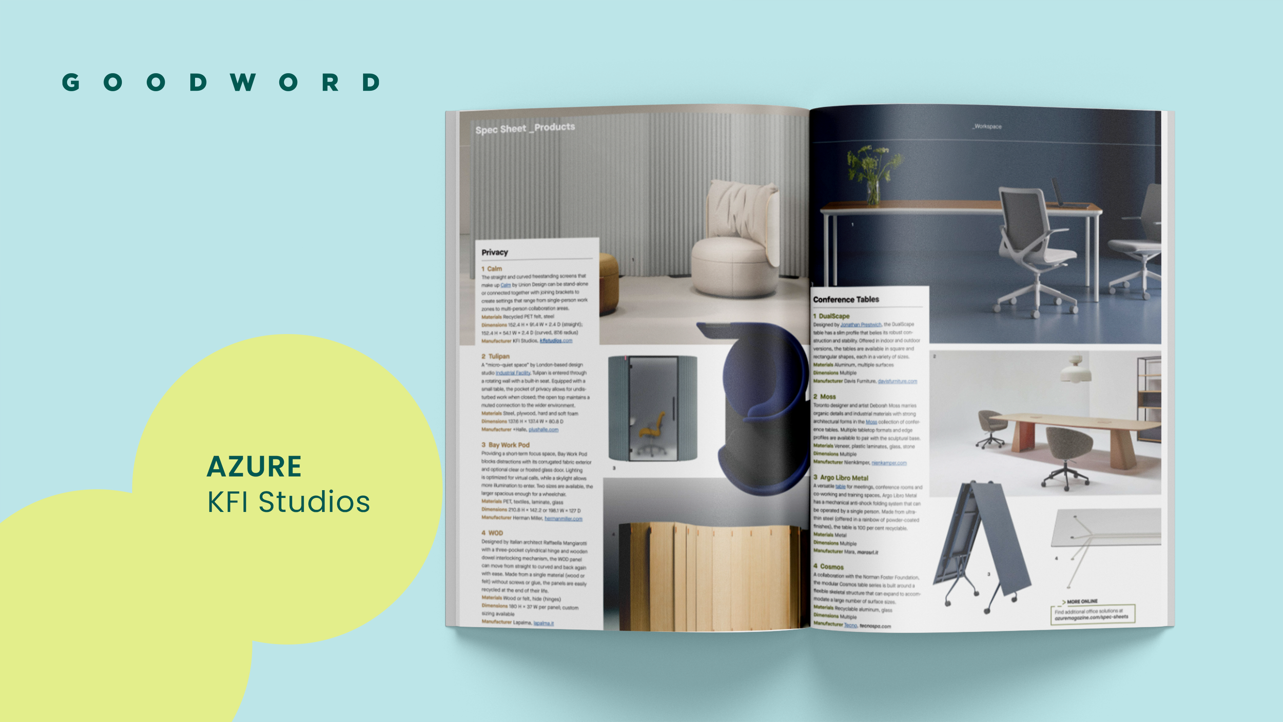 Open magazine showing interior design and furniture images, with the text "Goodword" at the top and a yellow circle with green text "Azure KFI Studios" on a light blue background.