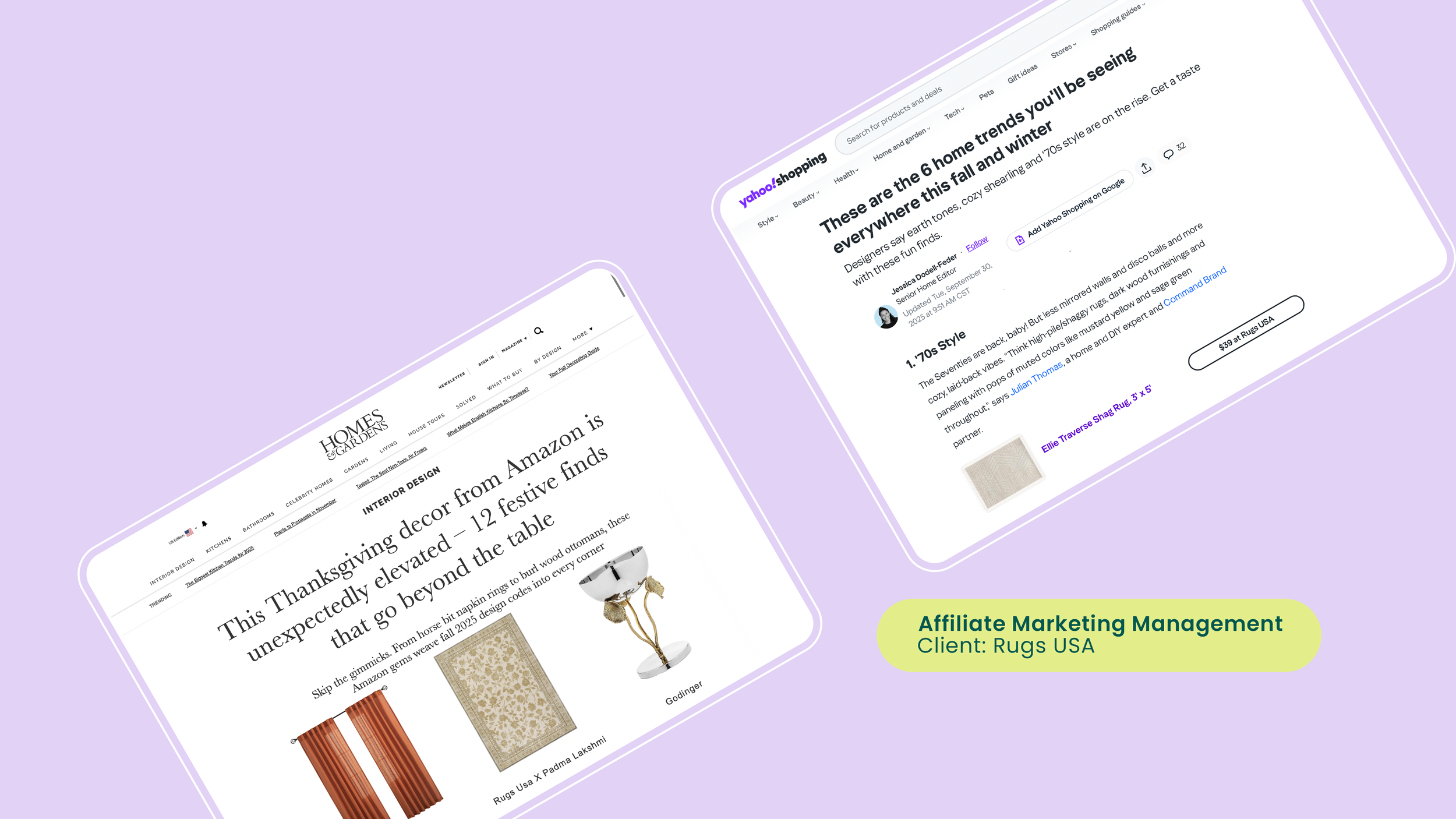 Screenshots of two webpages, one about Thanksgiving decor and the other about home trends, with a purple background. There is a caption highlighting Affiliate Marketing Management for client Rugs USA.