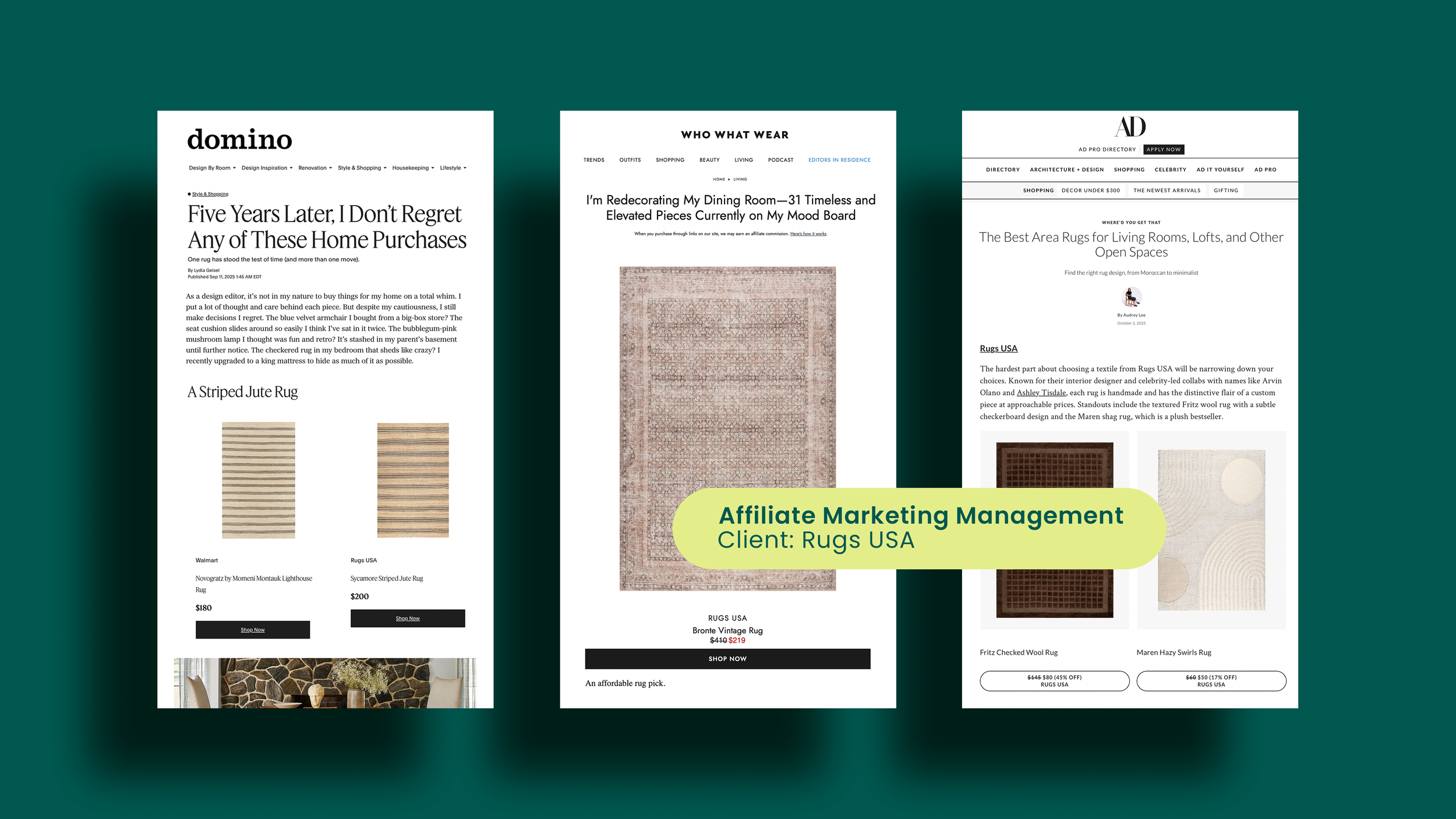 Three website pages showcasing home decor blogs and product listings for rugs, with a green banner overlay indicating 'Affiliate Marketing Management Client: Rugs USA'.