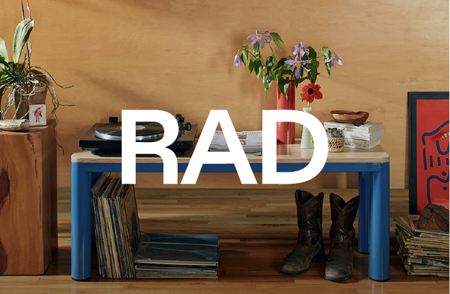 Living room with a blue table holding a potted plant with purple flowers, books, and decorative items, against a wooden wall.
