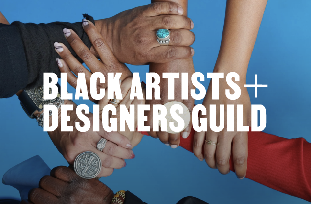 Multiple hands joined together, displaying rings, against a blue background with overlaid text 'Black Artists + Designers Guild'.